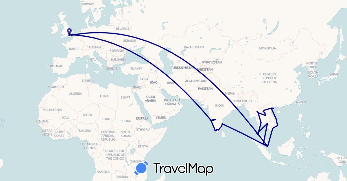 TravelMap itinerary: driving in United Kingdom, India, Cambodia, Laos, Malaysia, Singapore, Thailand, Vietnam (Asia, Europe)
